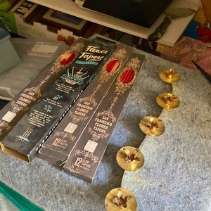 Antique unpolished brass candle holder and candle set